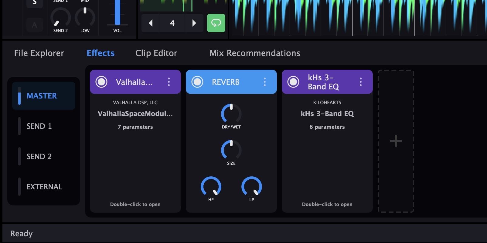 Professional audio effects chain with EQ, compression, reverb, and filters