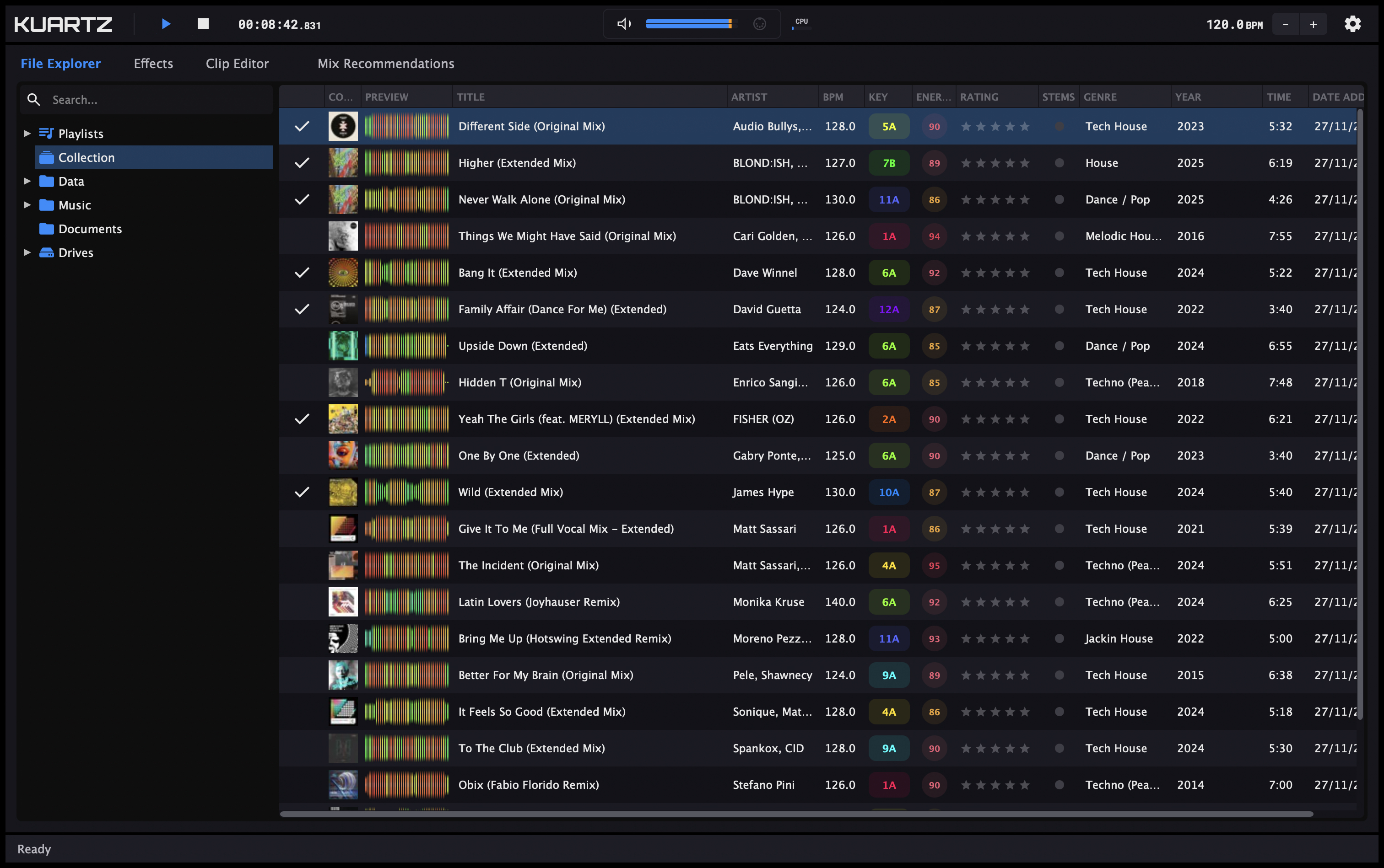 Kuartz file browser with navigation tree, search, and track list