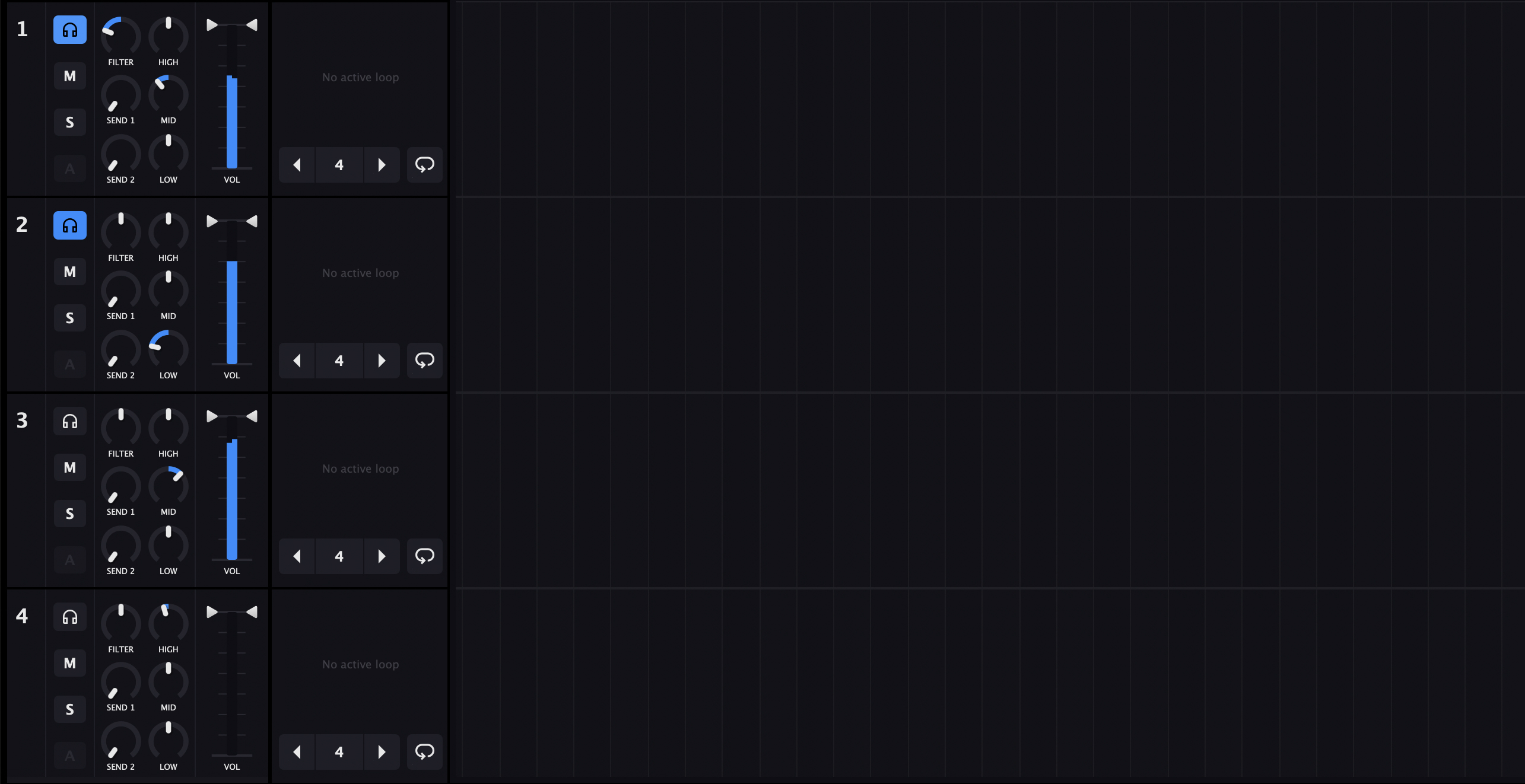 Kuartz Mixer channel strip showing EQ, filter, volume, and buttons