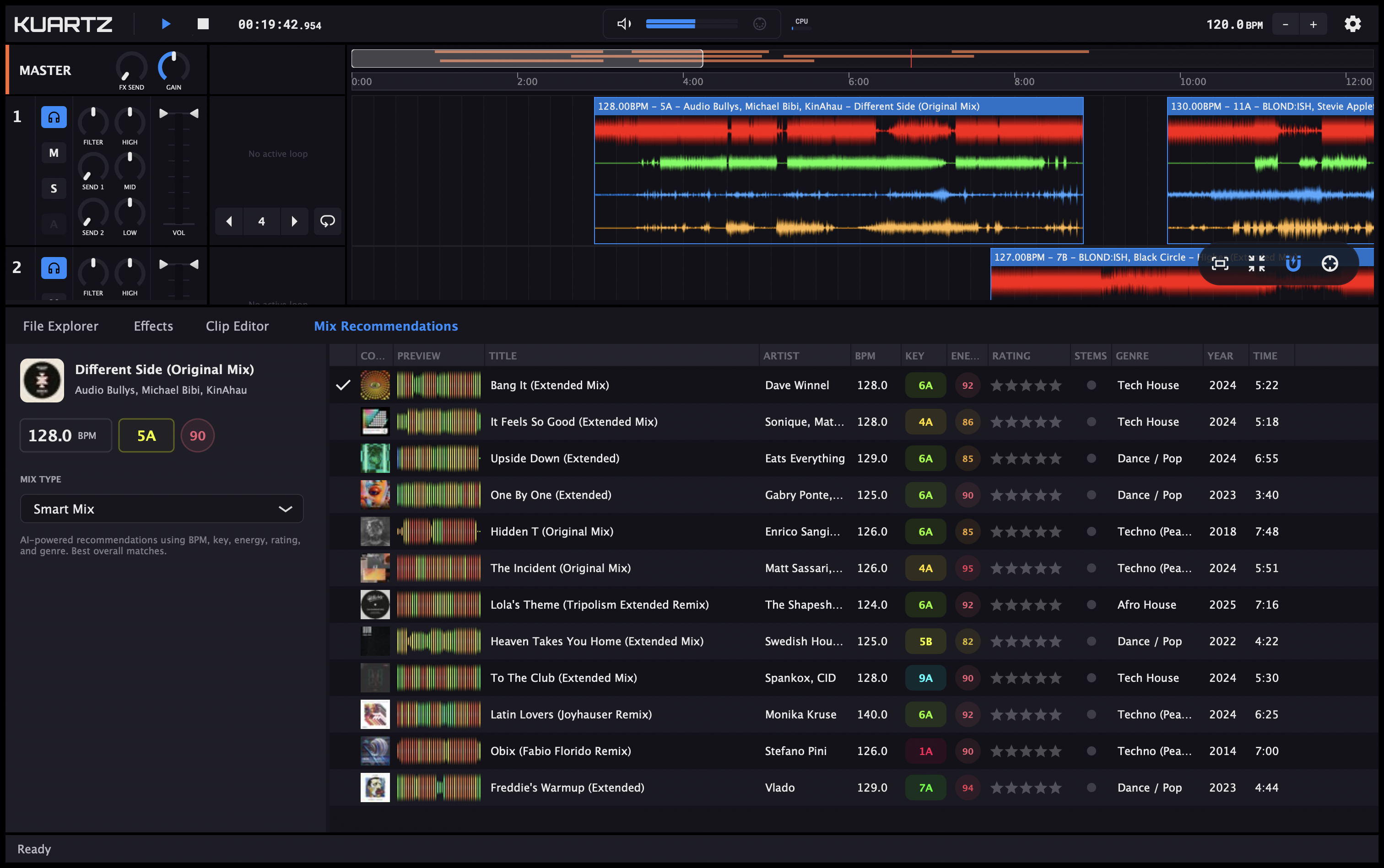 Kuartz mix recommendations panel with direction buttons and track suggestions
