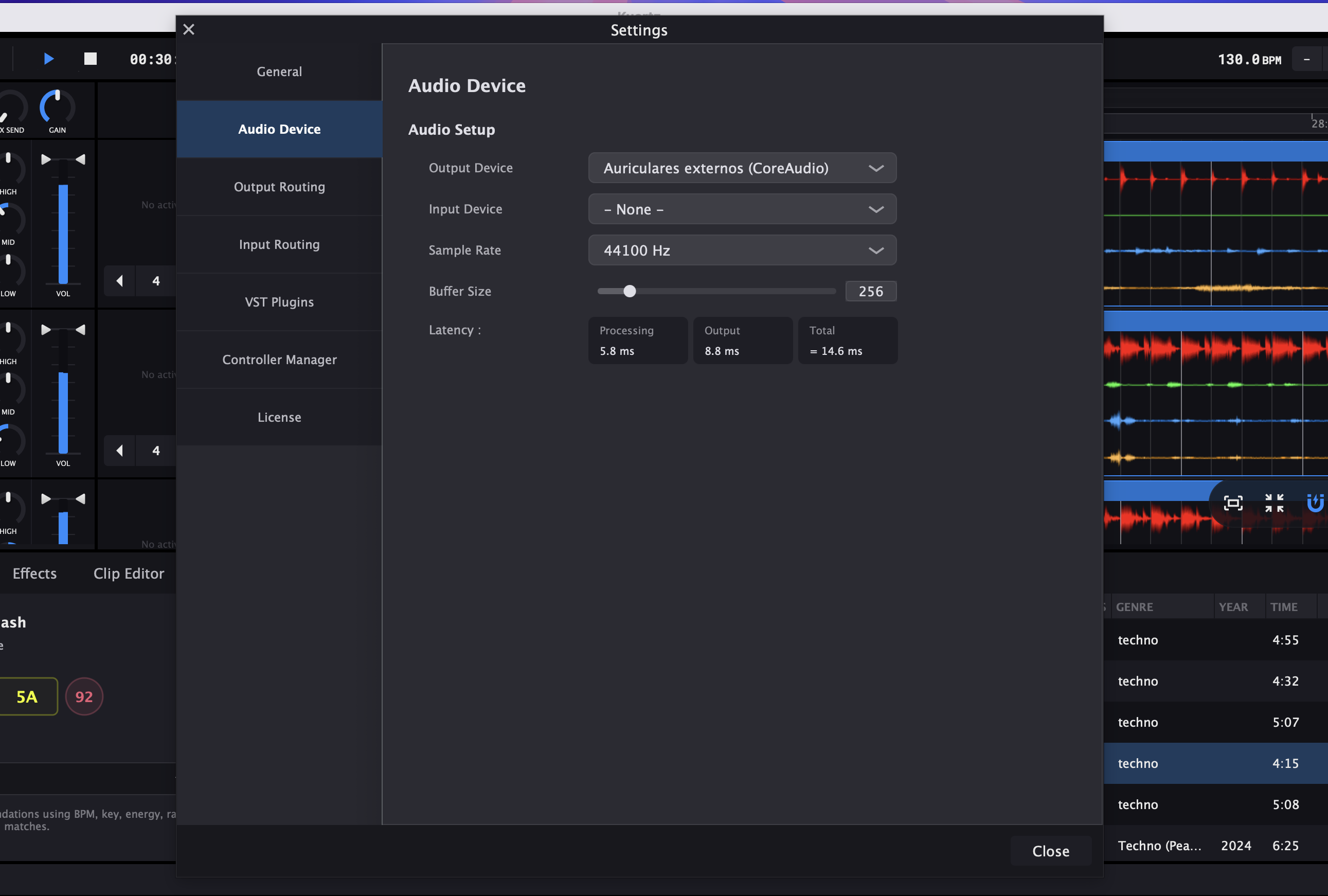 Kuartz Settings window with Audio Device and Output Routing tabs