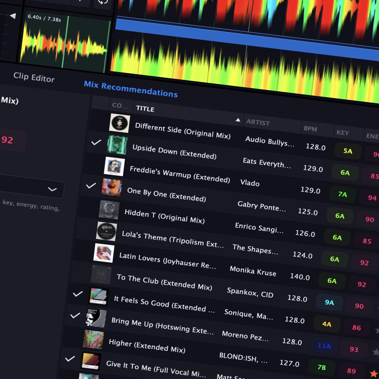 Kuartz Smart Mixing interface displaying Key, Energy, and BPM analysis for perfect track matching