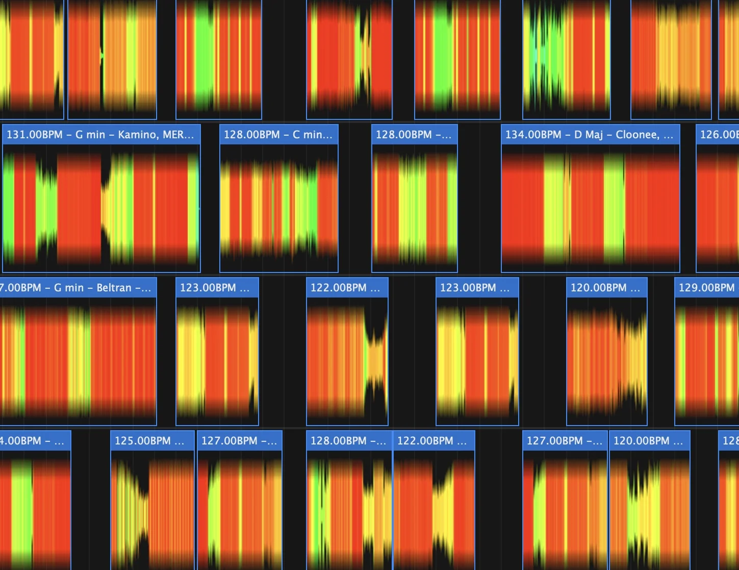 Kuartz visual timeline interface showing DJ set planning and track arrangement